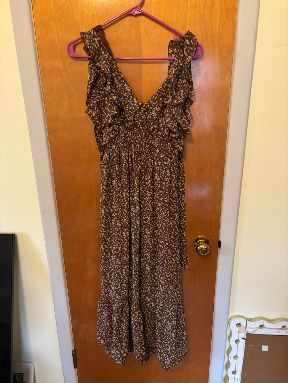 The Nines Floral Ruffle Maxi Dress in Brown